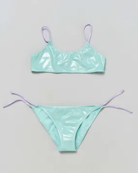Bikini verde acqua metallizzato con lacci lilla per ragazze 8-14 anni