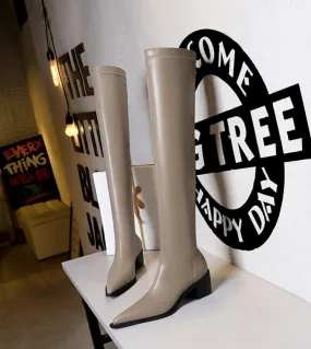 Luxury Beige High Heel Thigh High Boots for Women with Square Toe and Block Heel