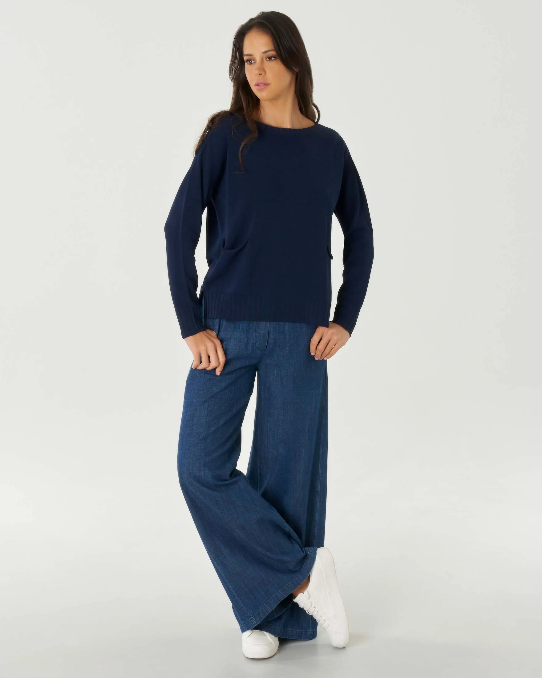 Blue Viscose Sweater with Applied Pockets and Side Slits