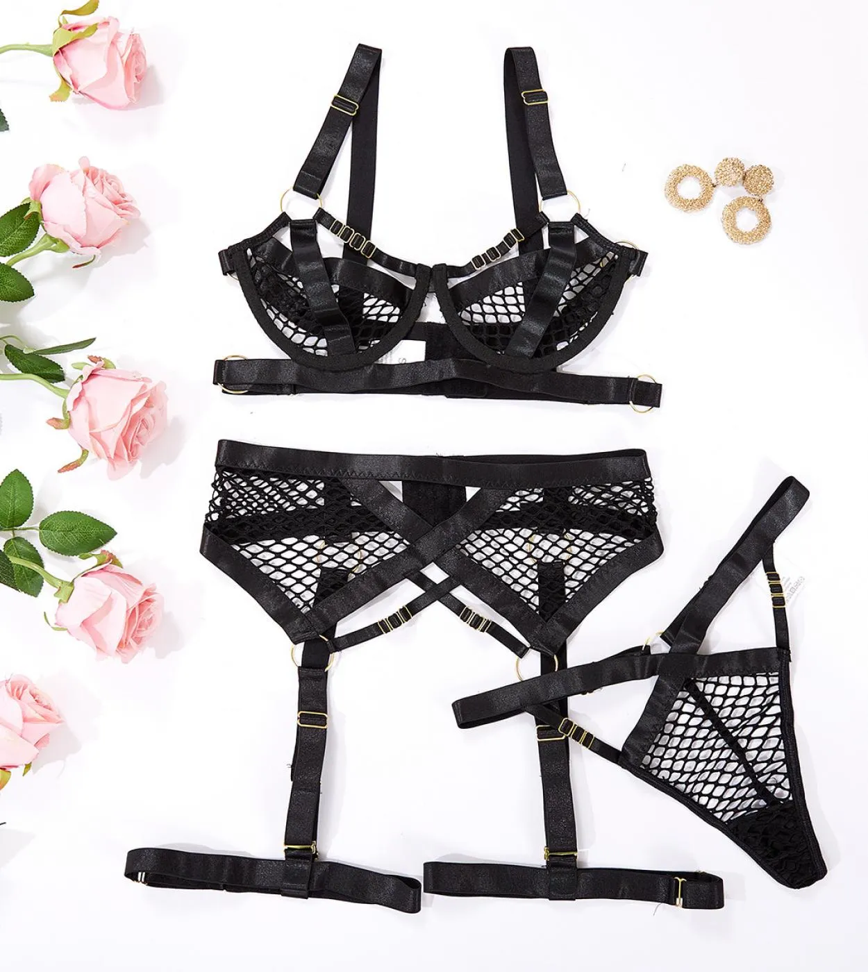 Transparent Sensual Nude Mesh Lingerie Set - 3 Piece Bra and Panty Set